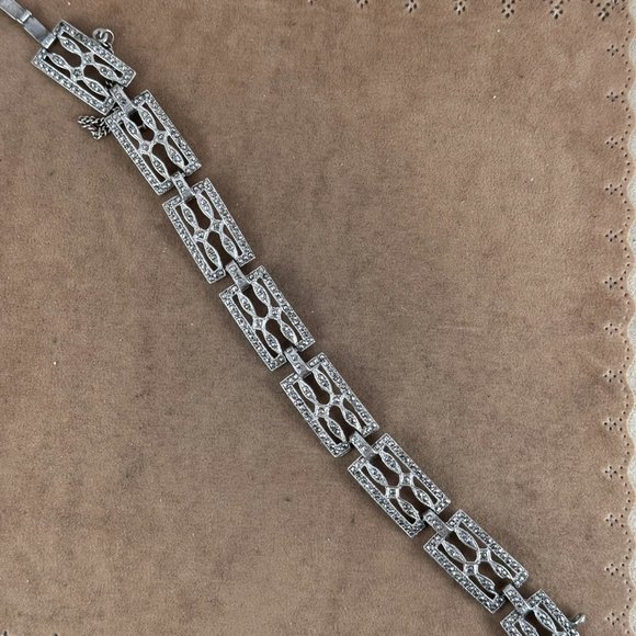 Vintage 1930's Sterling Silver ART DECO Marcasite Lattice Style Bracelet - Picture 2 of 8